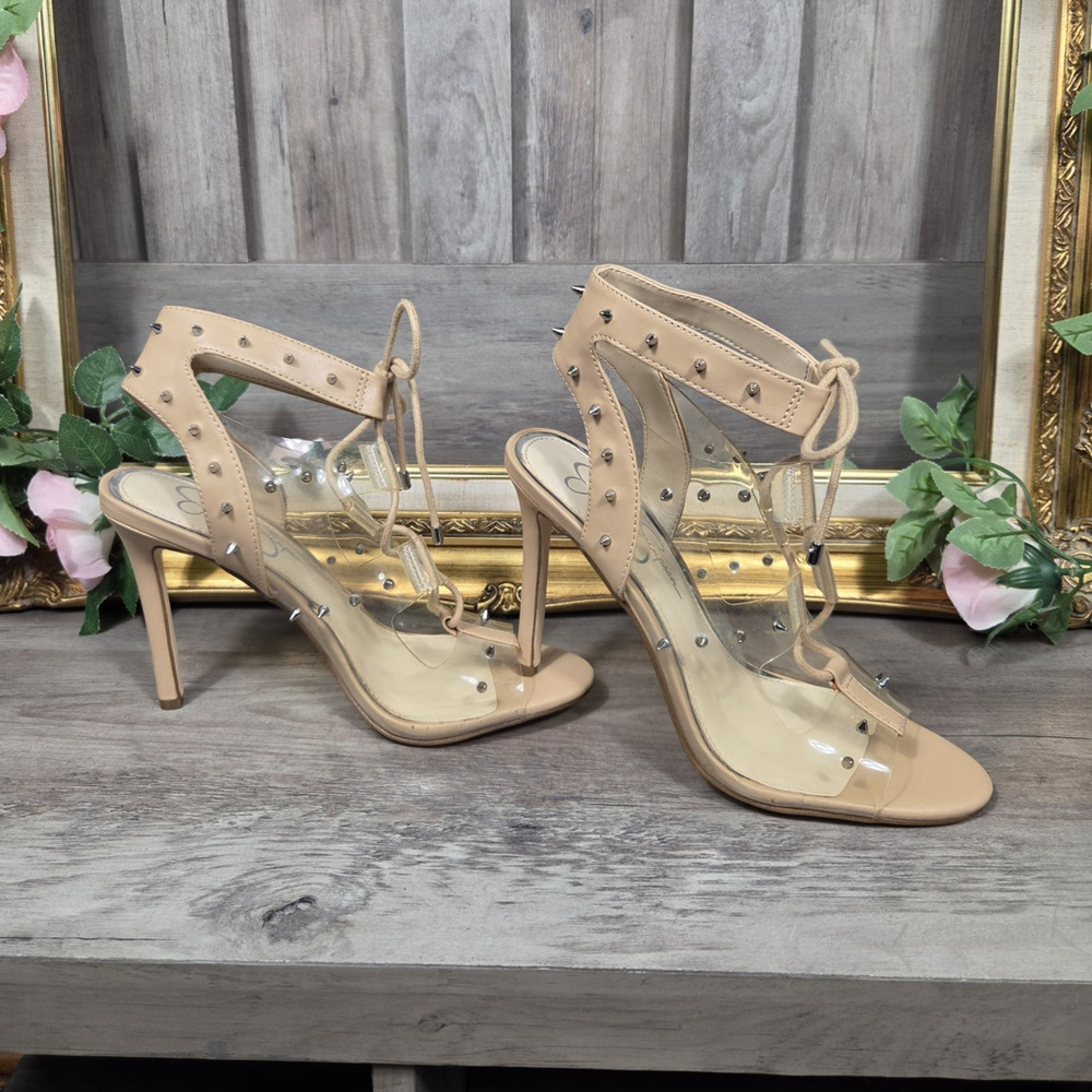 Jessica Simpson Nude Clear Studded Lace Up Stiletto Heels Women's 7.5 M EU 38
